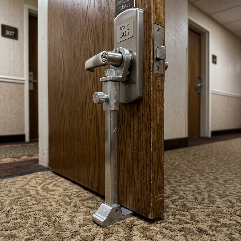 Portable metal travel door lock installed on a hotel room door